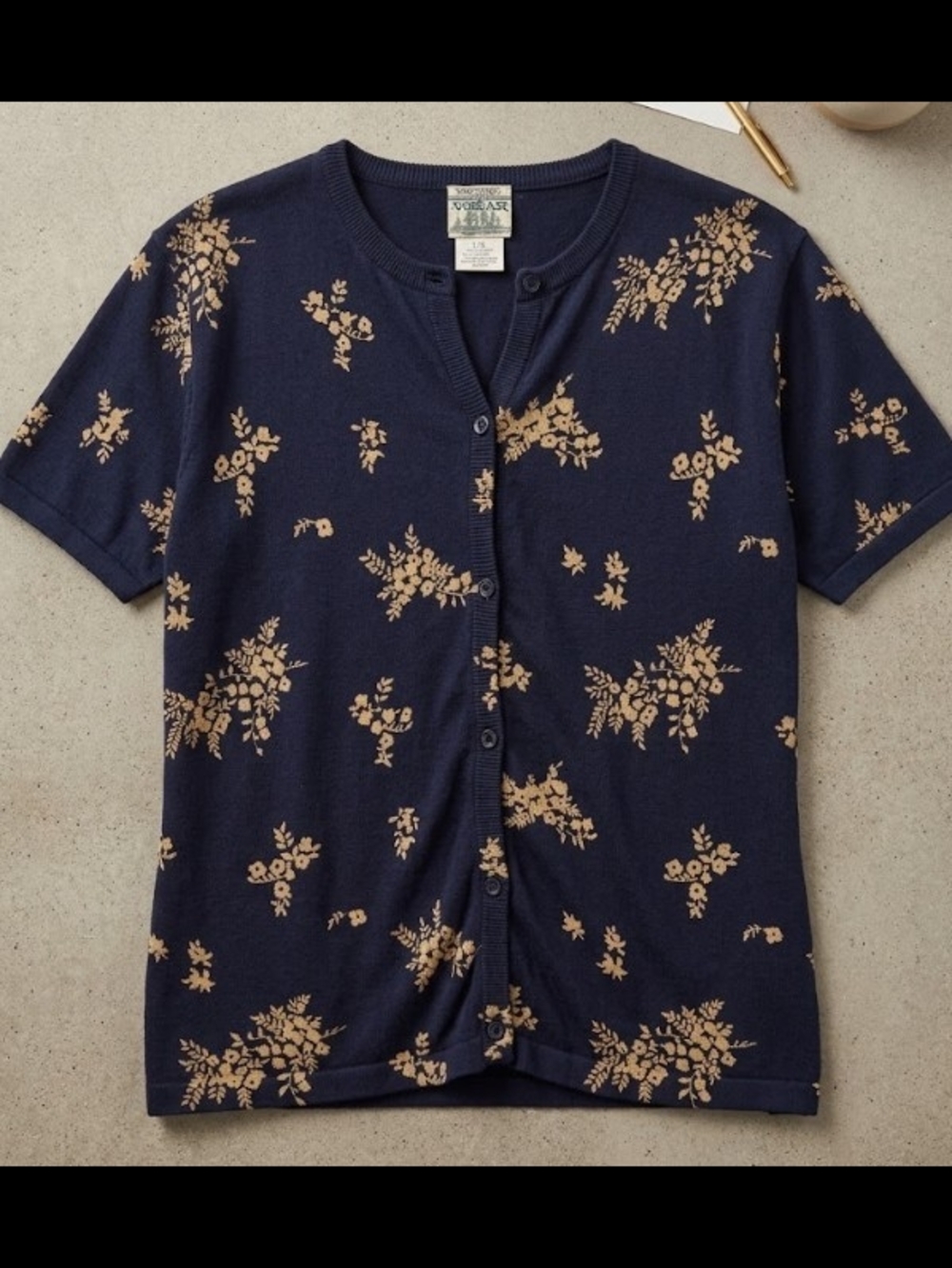 Vintage 80's/90's Navy Cream Floral & Leaf Short Sleeve Button Down Cardigan (L)
